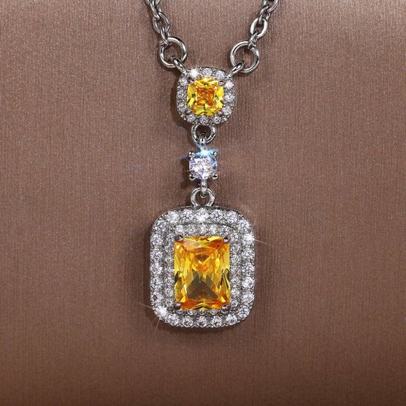 🌸Bling Double Royal Yellow Zircon Silver Plated Necklace for Women, UNVN12412 - Picture 3 of 7